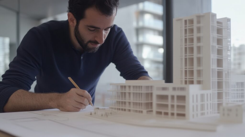 Architect analyzing structural drawings at a commercial project. Featuring detailed planning and concept execution