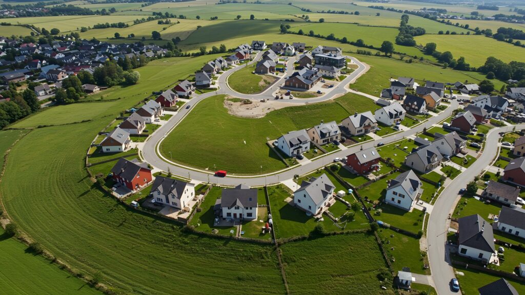Aerial View of Residential Neighborhood with Green Fields